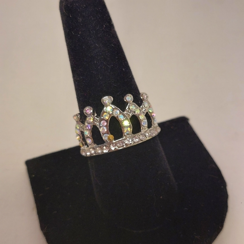 Silver Tone Rhinestone Crown Band Ring Size 9.5 Tiara Royalty Fashion Jewelry